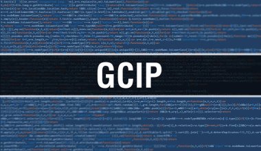 Programları ve uygulamaları geliştirmek için kod kullanarak GCIP konsept illüstrasyonu. Koyu arkaplanda tarayıcı görünümünde renkli etiketleri olan GCIP web sitesi kodu. İkili bilgisayar kodunda GCIP, backgroun