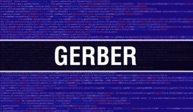 Gerber konsept illüstrasyonu program ve uygulama geliştirmek için kod kullanıyor. Gerber web sitesi kodu, koyu arkaplanda tarayıcı görünümünde renkli etiketler. Gerber ikili bilgisayar kodu, gergroun