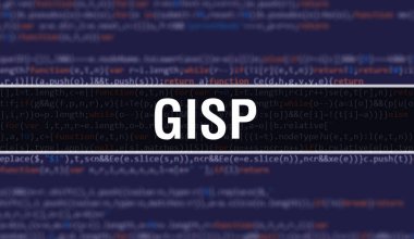 İkili kod dijital teknoloji geçmişi olan GISP. Program kodu ve GISP ile soyut arkaplan. Programlama ve kodlama teknolojisi geçmişi. Program listeli GISP