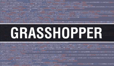 İkili kodlu dijital teknoloji geçmişi olan bir çekirge. Program kodu ve Çekirge ile soyut bir arkaplan. Programlama ve kodlama teknolojisi geçmişi. Program listeli Çekirge