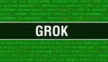 Yazılım geliştiricisi ve Bilgisayar betiğinin programlama kodları soyut teknoloji arkaplanı üzerine Grok metni. Bilgisayar ekranında Grok kod kavramı. Grok programlama web oturumu kodlaması