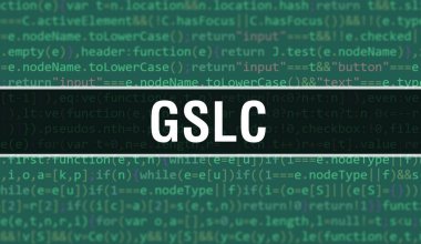 Program ve uygulama geliştirmek için kod kullanan GSLC konsept illüstrasyon. Koyu arkaplanda tarayıcı görünümünde renkli etiketleri olan GSLC web sitesi kodu. İkili bilgisayar kodunda GSLC, backgroun