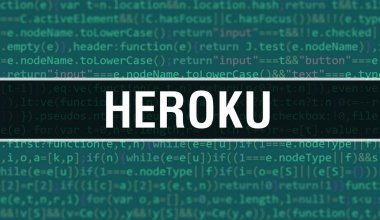 Program ve uygulama geliştirmek için kod kullanarak Heroku konsepti çizimi. Koyu arkaplanda tarayıcı görünümünde renkli etiketleri olan Heroku web sitesi kodu. Heroku ikili bilgisayar kodunda, backgroun