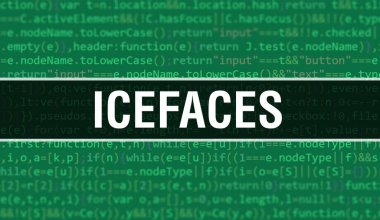 Uygulama ve programların geliştirilmesi için kod kullanılarak ICEets kavramı illüstrasyonu ile karşı karşıya. Koyu arkaplanda tarayıcı görünümünde renkli etiketleri olan ICEface web sitesi kodu. İkili bilgisayar kodunda ICEface 'ler, backgroun