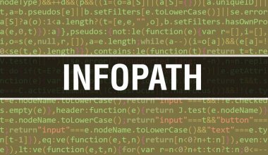 Program Kodunun Rastgele Parçaları ile InfoPath konsepti. Programlama kodu üzerinde yazılan InfoPath yazılım geliştiricisi ve Bilgisayar betiğinin soyut teknoloji arkaplanı. Kod Arka Gruplandırmalı Bilgi Yolu