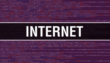 İkili kod dijital teknoloji geçmişi olan internet. Program kodu ve internetle soyut bir arkaplan. Programlama ve kodlama teknolojisi geçmişi. Program listesiyle internet