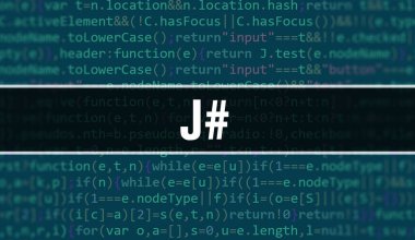 Yazılım geliştiricisi ve Bilgisayar betiğinin programlama kodu soyut teknoloji arka planı üzerine yazılmış Random Parts of Program Code.J # metni ile J # konsepti. J # Teknoloji kodlu Backgroun