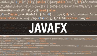 Program ve uygulama geliştirmek için kod kullanan JavaFX konsept illüstrasyon. JavaFX web sitesi kodu, koyu arkaplanda tarayıcı görünümünde renkli etiketler. JavaFX ikili bilgisayar kodu, backgroun