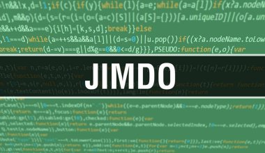 Programları ve uygulamaları geliştirmek için kod kullanarak Jimdo konsepti çizimi. Koyu arkaplanda tarayıcı görünümünde renkli etiketleri olan Jimdo web sitesi kodu. Jimdo ikili bilgisayar kodu, backgroun