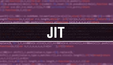 Yazılım geliştiricisi ve Bilgisayar betiğinin programlama kodu soyut teknoloji arkaplanı üzerine yazılmış JIT metni. Bilgisayar ekranında JIT kod kavramı. JIT programlama web oturumu kodlaması