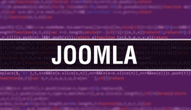 Yazılım geliştiricisi ve Bilgisayar betiğinin programlama kodu soyut teknoloji arkaplanı üzerine yazılmış Joomla metni. Joomla bilgisayar monitöründe kod kavramı. Kodlama Joomla programlama web oturumu