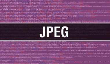 Program Kodunun Rasgele Parçaları ile JPEG konsepti. Yazılım geliştiricisi ve Bilgisayar betiğinin programlama kodları soyut teknoloji arka planına sahip JPEG. JPEG Arkaplan Görevi