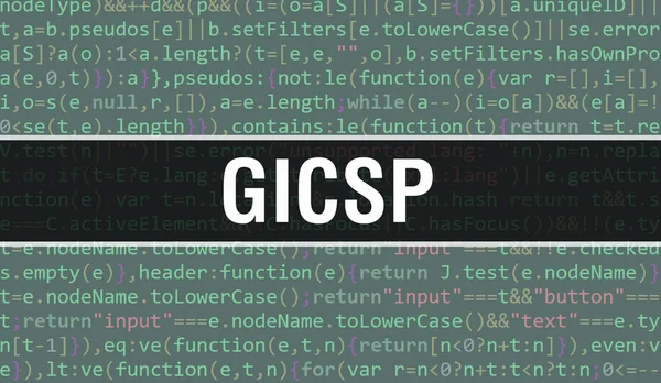 Yazılım geliştiricisi ve Bilgisayar betiğinin programlama kodu soyut teknoloji arkaplanı üzerine yazılmış GICSP metni. Bilgisayar monitöründe GICSP kod kavramı. GICSP programlama web oturumu kodlaması