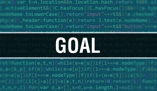ソフトウェア開発者とコンピュータスクリプトのプログラミングコード抽象技術の背景に書かれた目標テキスト コンピュータモニタ上のコードの目標概念 コーディング Goal Programming Webサイト — ストック写真
