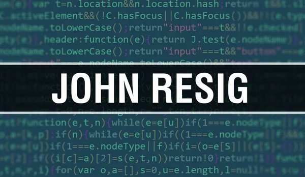 John Resigの概念とプログラムコードの乱数部分John Resigのテキストは ソフトウェア開発者とコンピュータスクリプトのプログラミングコード抽象技術の背景に書かれています ジョン リーグとテクノロジー — ストック写真