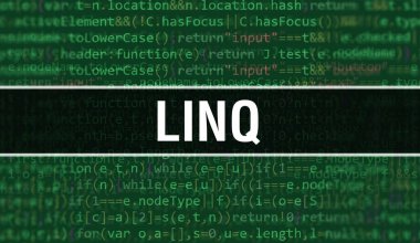 LINQ yazılımı yazılım geliştiricisi ve Bilgisayar betiğinin programlama kodu soyut teknoloji arkaplanı üzerine yazılmıştır. Bilgisayar ekranında LINQ kod kavramı. Kodlama LINQ programlama web oturumu