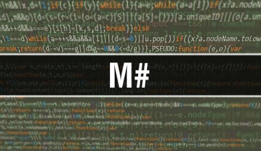 # Soyut Teknoloji İkili Kod Arkaplanı ile M # Dijital ikili veri ve Güvenli Veri Kavramı. Yazılım / Web Geliştirici Programlama Kodu ve M #. M # Javascript Soyut Bilgisayar Betiği