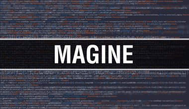 Dijital Java kodlu Magine. Magin ve Bilgisayar yazılım kodlama vektör kavramı. Senaryo Java programlanıyor, ekranda Magine ile birlikte dijital program kodu