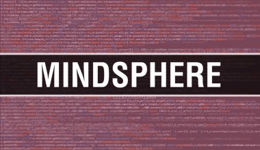 Programları ve uygulamaları geliştirmek için kod kullanarak zihin küre konsepti çizimi. MindSphere web sitesi kodu koyu arkaplanda tarayıcı görünümünde renkli etiketlerle. İkili bilgisayar kodunda Zihin Küresi