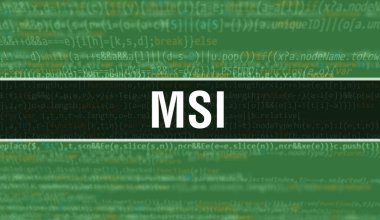 İkili kodlu dijital teknoloji geçmişi olan bir MSI. Program kodu ve MSI ile soyut arkaplan. Programlama ve kodlama teknolojisi geçmişi. Uygulama listesi olan MSI