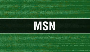 Program ve uygulama geliştirmek için kod kullanarak MSN konsept illüstrasyonu. Koyu arkaplanda tarayıcı görünümünde renkli etiketleri olan MSN web sitesi kodu. İkili bilgisayar kodunda MSN, backgroun