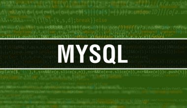 İkili kodlu dijital teknoloji geçmişi olan MYSQL. Program kodu ve MYSQL ile soyut arkaplan. Programlama ve kodlama teknolojisi geçmişi. Program listeli MYSQL