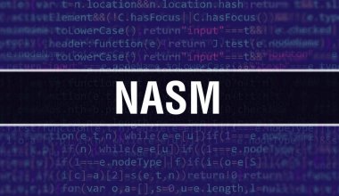 Programın Rasgele Parçaları ile NASM konsepti. NASM, yazılım geliştiricisi ve bilgisayar senaryosunun programlama kodlu soyut teknoloji arka planına sahip. NASM Arkaplan Komutanı