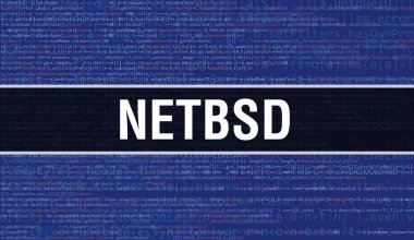 Yazılım geliştiricisi ve Bilgisayar betiğinin programlama kodu soyut teknoloji arkaplanı üzerine yazılmış NetBSD metni. Bilgisayar ekranında NetBSD kod kavramı. NetBSD programlama web oturumu kodlaması