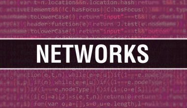 Programın Rastgele Parçaları ile Ağ Konsepti. Yazılım geliştiricisi ve Bilgisayar betiğinin programlama kodları soyut teknoloji arka planına sahip ağlar. Ağ Arkaplanı consepsi