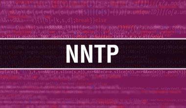 İkili kodlu dijital teknoloji geçmişi olan NNTP. Program kodu ve NNTP ile soyut arkaplan. Programlama ve kodlama teknolojisi geçmişi. Program listeli NNTP