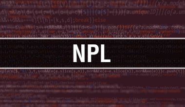 İkili kodlu dijital teknoloji geçmişi olan NPL. Program kodu ve NPL ile soyut arkaplan. Programlama ve kodlama teknolojisi geçmişi. Program listeli NPL