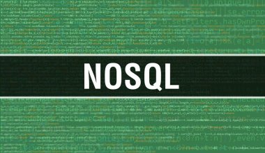 Yazılım geliştiricisi ve Bilgisayar betiğinin programlama kodu soyut teknoloji arkaplanı üzerine yazılmış NoSQL metni. Bilgisayar monitöründe NoSQL kod kavramı. NoSQL programlama web oturumu kodlaması