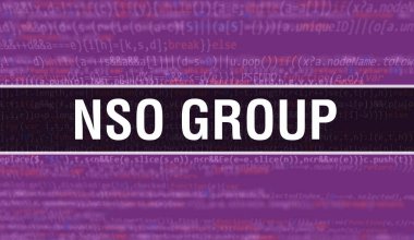 İkili kodlu dijital teknoloji geçmişi olan NSO Grubu. Program kodu ve NSO Grubu ile soyut bir arkaplan. Programlama ve kodlama teknolojisi geçmişi. Program listeli NSO Grubu