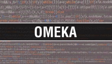 Program ve uygulama geliştirmek için kod kullanan Omeka konsepti çizimi. Koyu arkaplanda tarayıcı görünümünde renkli etiketleri olan Omeka web sitesi kodu. Omeka ikili bilgisayar kodu, backgroun