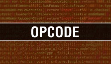 Programlama kodunun Random Parts of Program Kodu ile Opcode kavramı. Yazılım geliştiricisi ve Bilgisayar betiğinin programlama kodu soyut teknoloji arkaplanı üzerine yazılmış Opcode metni. Teknoloji Morina ile Şifre