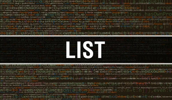ソフトウェア開発者とコンピュータスクリプトのプログラミングコード抽象技術の背景に書かれたリストテキスト テクノロジーコード付きリストバックグラウンド — ストック写真