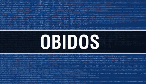 プログラムやアプリを開発するためのコードを使ったオビドスのコンセプトイラスト 暗い背景にブラウザビューでカラフルなタグを持つObidosのウェブサイトコード バイナリコード上のオビドス — ストック写真