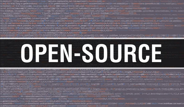 プログラムコードの乱数部分を持つオープンソースの概念 ソフトウェア開発者とコンピュータスクリプトのプログラミングコード抽象技術の背景を持つオープンソース オープンソースの背景 Conep — ストック写真