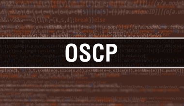 Yazılım geliştiricisi ve Bilgisayar betiğinin programlama kodu soyut teknoloji arkaplanı üzerine yazılmış OSCP metni. Bilgisayar ekranında OSCP kod kavramı. OSCP programlama web oturumu kodlanıyor