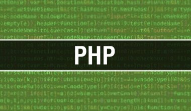 İkili kod dijital teknoloji geçmişi olan PHP. Program kodu ve PHP ile soyut arkaplan. Programlama ve kodlama teknolojisi geçmişi. Uygulama listeli PHP