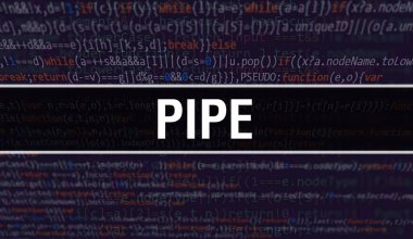 Programlar ve uygulama geliştirmek için kod kullanarak Boru kavramı illüstrasyon. Karanlık arka planda tarayıcı görünümünde renkli etiketleri ile Boru web sitesi kodu. İkili bilgisayar kodu üzerinde boru, backgroun