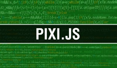 Pixi.js konsept illüstrasyonu program ve uygulama geliştirmek için kod kullanıyor. Koyu arkaplanda tarayıcı görünümünde renkli etiketli Pixi.js web kodu. İkili bilgisayar kodlu Pixi.js, backgroun