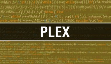 Uygulama ve programlar geliştirmek için kod kullanarak PLEX konsepti çizimi. Koyu arkaplanda tarayıcı görünümünde renkli etiketleri olan PLEX web sitesi kodu. PLEX ikili bilgisayar kodu, backgroun