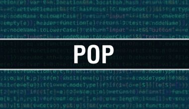 İkili kod dijital teknoloji geçmişi olan POP. Program kodu ve POP ile soyut arkaplan. Programlama ve kodlama teknolojisi geçmişi. Program listeli POP