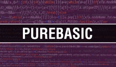 Program ve uygulama geliştirmek için kod kullanılarak basit konsept illüstrasyon. PureBasic web kodu, koyu arkaplanda tarayıcı görünümünde renkli etiketler. İkili bilgisayar kodunda SafBasic, geri-groun