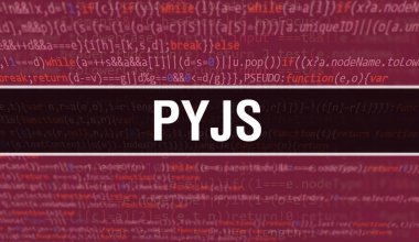 Program ve uygulama geliştirmek için kod kullanan Pyjs konsepti çizimi. Koyu arkaplanda tarayıcı görünümünde renkli etiketleri olan Pyjs web sitesi kodu. İkili bilgisayar kodunda pijamalar, geri gruplandırma