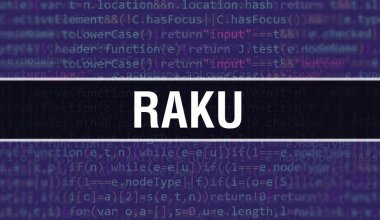 Programlama kodunun Random Parts of Program Kodu ile Raku kavramı. Yazılım geliştiricisi ve Bilgisayar betiğinin programlama kodu soyut teknoloji arkaplanı üzerine yazılmış metin. Teknoloji kodu Backgroun olan Raku