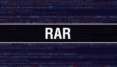 Yazılım geliştiricisi ve Bilgisayar betiğinin programlama kodu soyut teknoloji arkaplanı üzerine yazılmış RAR metni. Bilgisayar ekranında RAR kod kavramı. RAR programlama web oturumu kodlanıyor