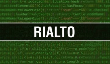Program Kodunun Rastgele Parçaları ile Rialto konsepti. Yazılım geliştiricisi ve Bilgisayar betiğinin programlama kodu soyut teknoloji arkaplanı üzerine yazılmış Rialto metni. Teknoloji Morina balığıyla Rialto