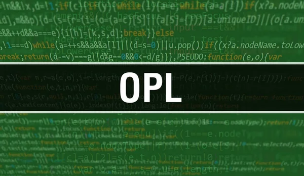 Oplの概念図は プログラムやアプリを開発するためのコードを使う 暗い背景にブラウザビューでカラフルなタグを持つOplのウェブサイトコード バイナリコンピュータコード上のOpl — ストック写真